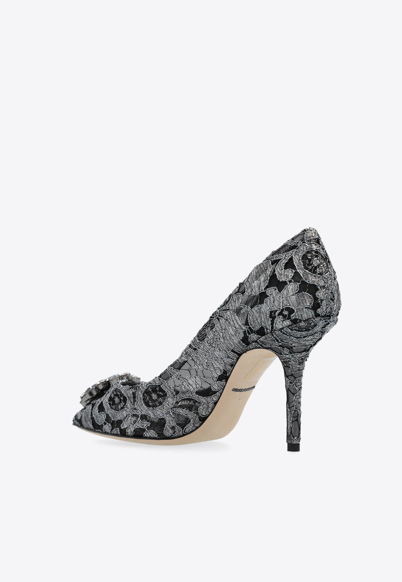 Dolce 
Gabbana Bellucci 90 Brooch Embellished Lace Pumps Gray CD0101 AE637-87505