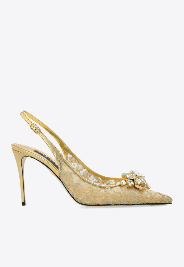 Dolce 
Gabbana 90 Embellished Lurex Lace Slingback Pumps Gold CG0712 AQ544-80997