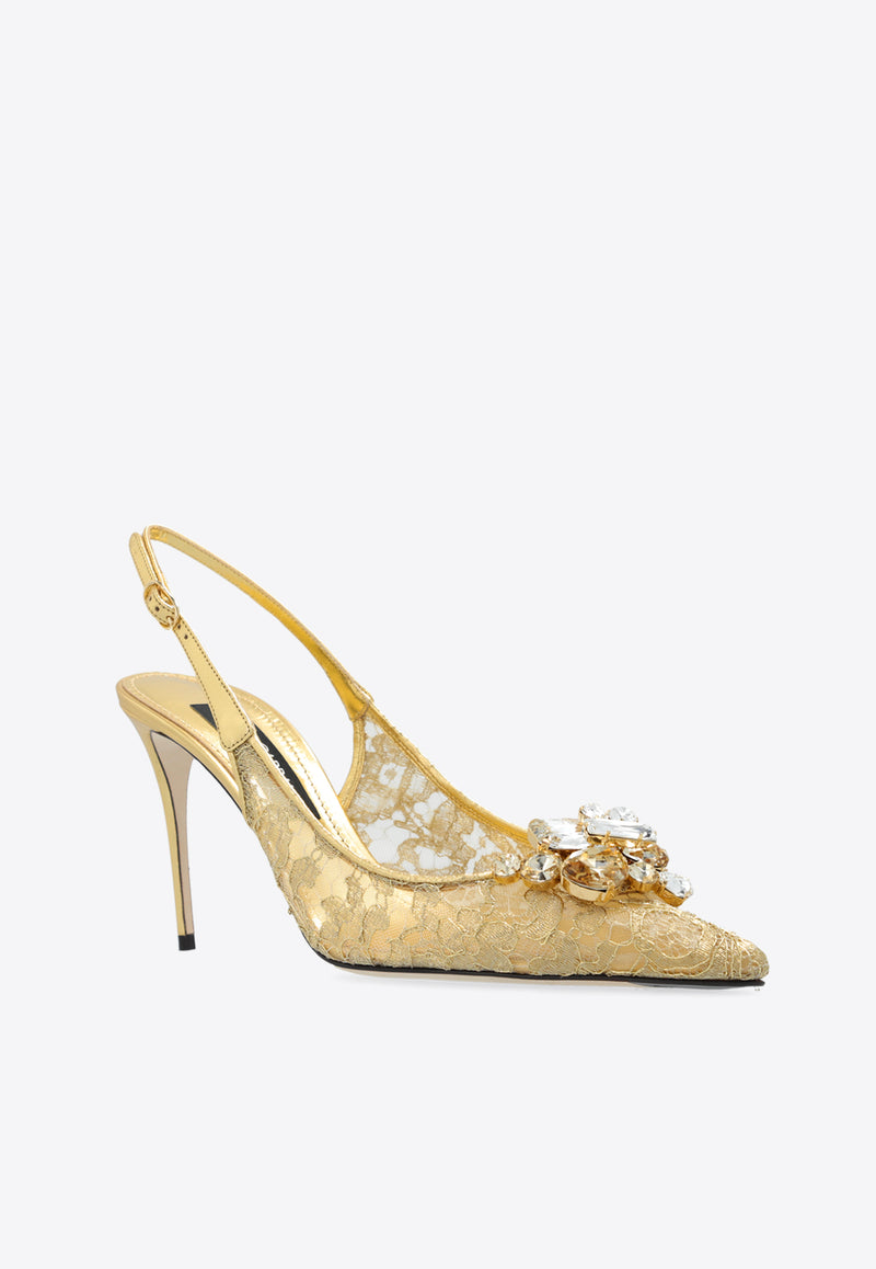 Dolce 
Gabbana 90 Embellished Lurex Lace Slingback Pumps Gold CG0712 AQ544-80997