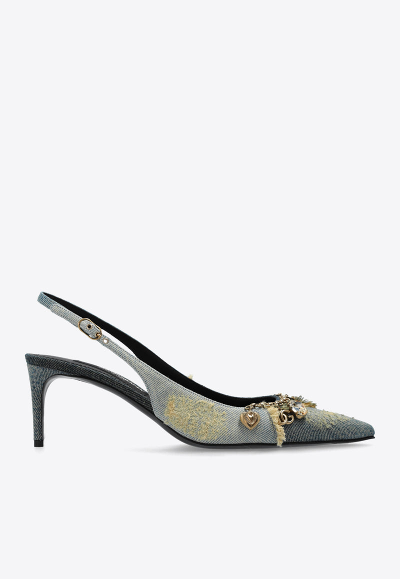 Dolce 
Gabbana 65 Charm Embellished Slingback Denim Pumps Blue CG0822 A5649-80650