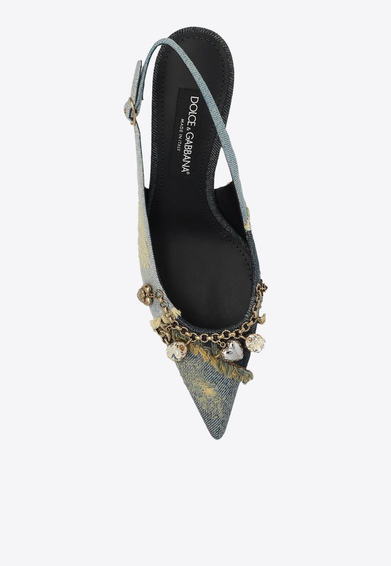 Dolce 
Gabbana 65 Charm Embellished Slingback Denim Pumps Blue CG0822 A5649-80650