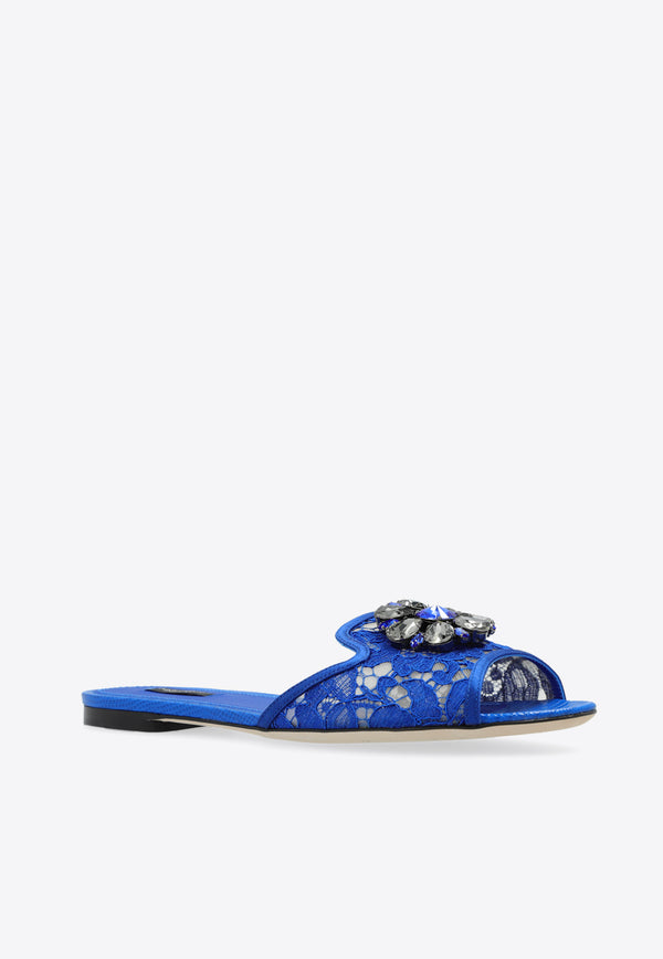 Dolce 
Gabbana Bianca Crystal Embellished Lace Flat Sandals  Blue CQ0023 AG667-80650