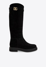 Dolce 
Gabbana DG Logo Suede Knee-High Boots Black CU1141 AS915-80999