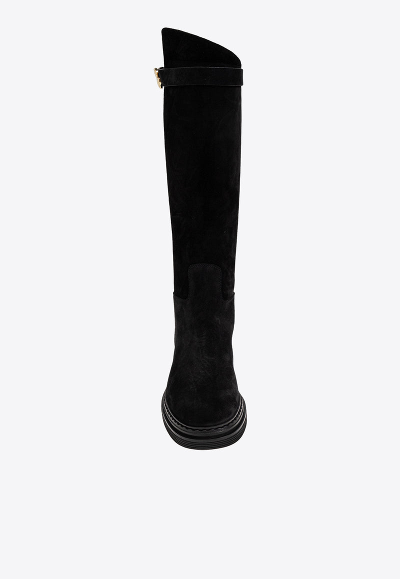 Dolce 
Gabbana DG Logo Suede Knee-High Boots Black CU1141 AS915-80999