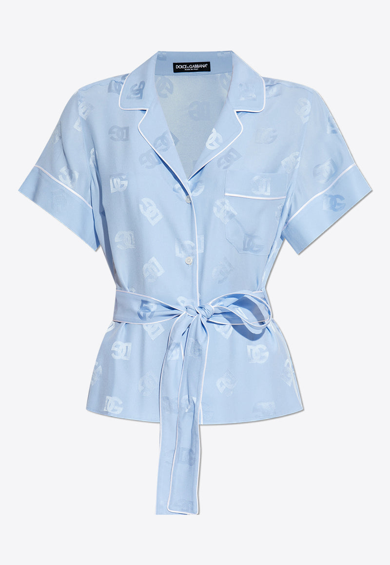 Dolce 
Gabbana Silk Satin Logo Jacquard Pajama Shirt Light Blue F5G67T FJ1JO-F3981