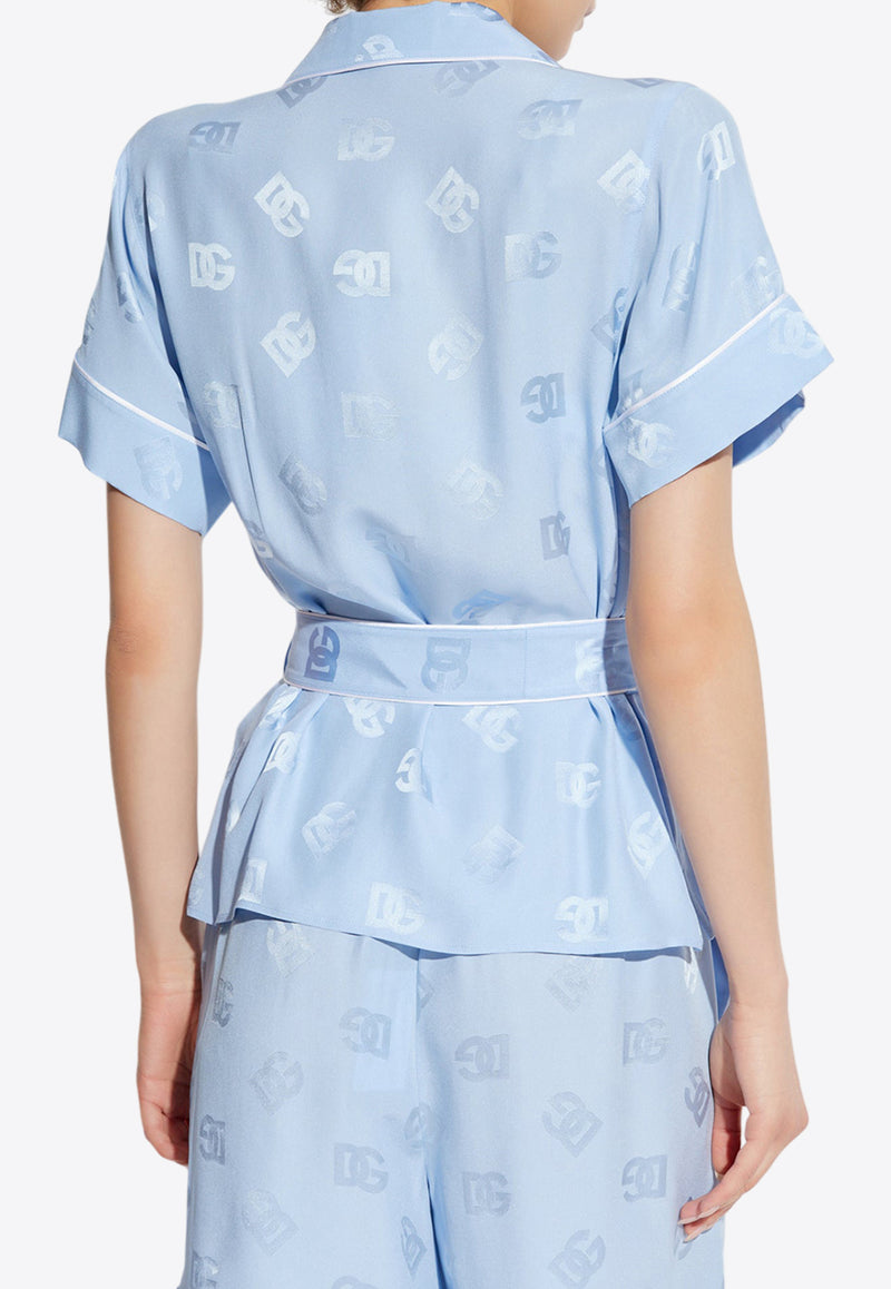 Dolce 
Gabbana Silk Satin Logo Jacquard Pajama Shirt Light Blue F5G67T FJ1JO-F3981