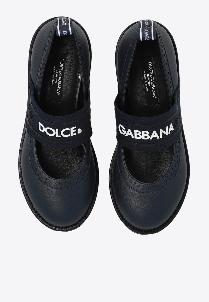 Dolce 
Gabbana Kids Girls Logo Leather Ballet Flats Navy D10960 AW087-8V655