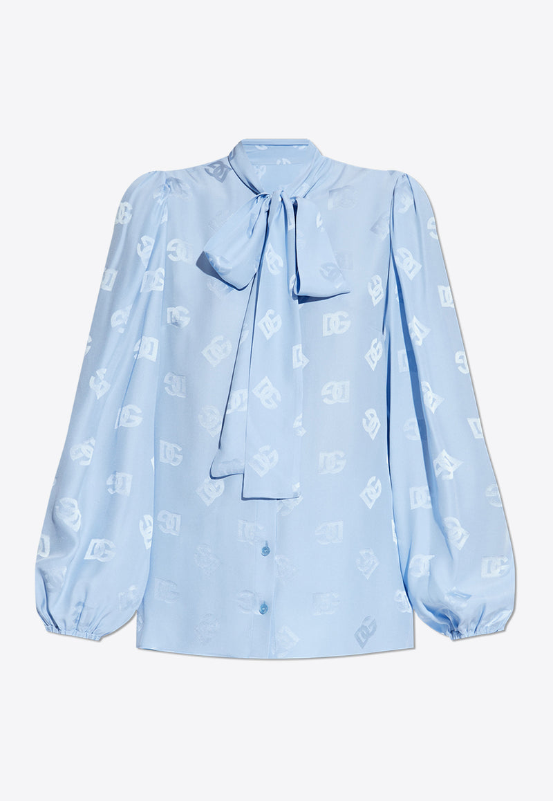 Dolce 
Gabbana Silk Satin Logo Jacquard Shirt Light Blue F5Q44T FJ1JO-F3981