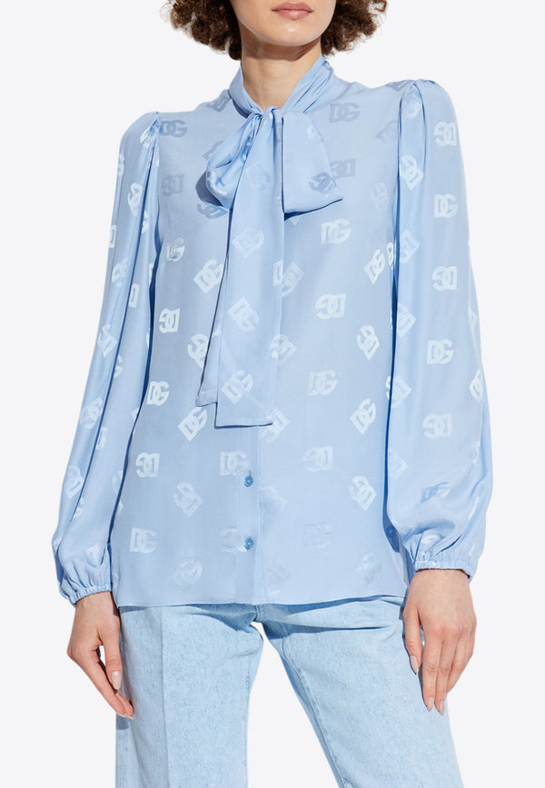 Dolce 
Gabbana Silk Satin Logo Jacquard Shirt Light Blue F5Q44T FJ1JO-F3981