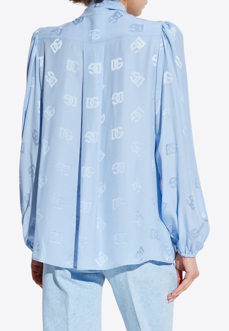 Dolce 
Gabbana Silk Satin Logo Jacquard Shirt Light Blue F5Q44T FJ1JO-F3981