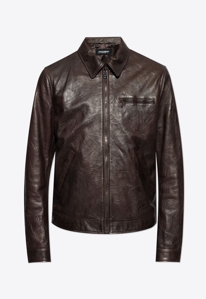 Dolce 
Gabbana Zip-Up Leather Jacket Brown G9BEIL HULT3-M1348