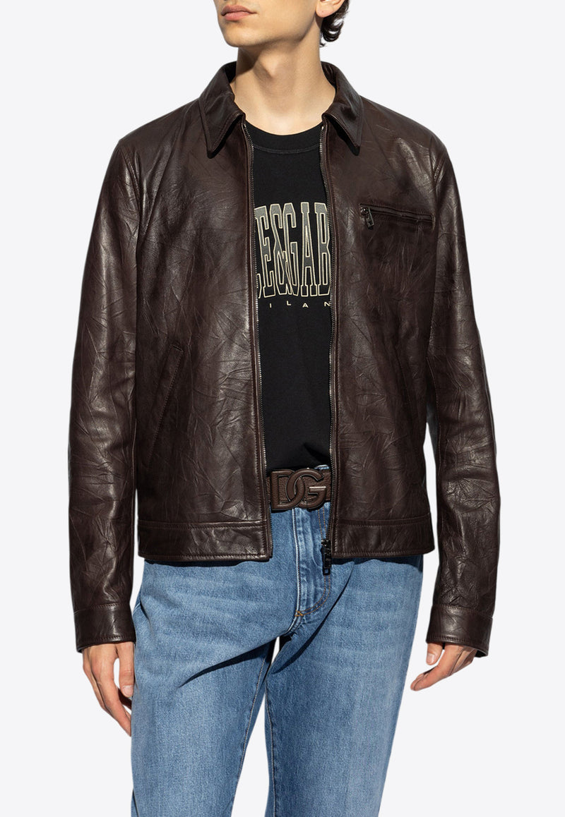 Dolce 
Gabbana Zip-Up Leather Jacket Brown G9BEIL HULT3-M1348