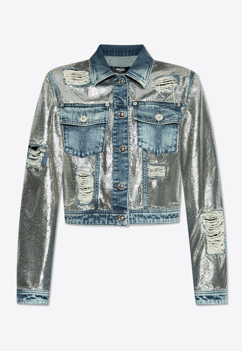 Versace Metal Mesh Distressed Denim Jacket Blue 1017360 1A12296-1D800