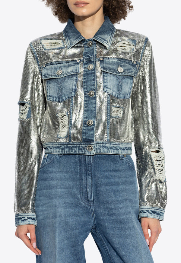 Versace Metal Mesh Distressed Denim Jacket Blue 1017360 1A12296-1D800