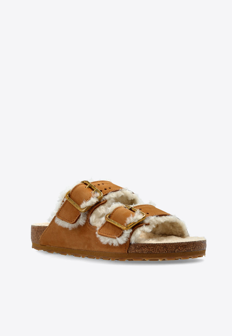 Birkenstock Arizona Bold Two-Strap Shearling Slides Cognac 1023568 0-CURLY SHEARL COGNAC