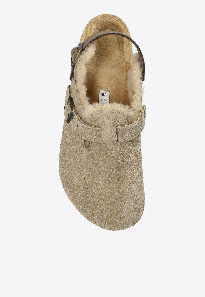 Birkenstock Tokio Shearling Buckled Suede Clogs Taupe 1028327 0-TAUPE