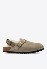 Birkenstock Tokio Shearling Buckled Suede Clogs Taupe 1028349 0-TAUPE