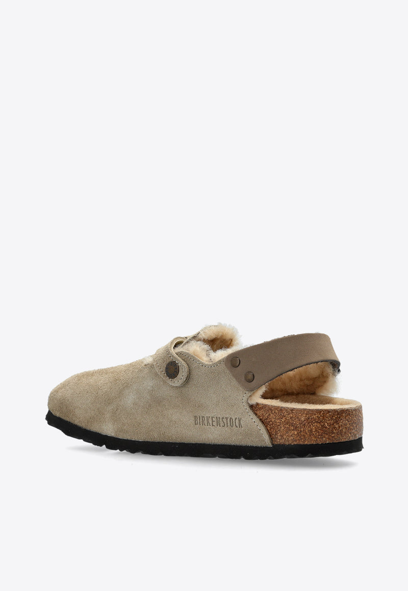 Birkenstock Tokio Shearling Buckled Suede Clogs Taupe 1028349 0-TAUPE