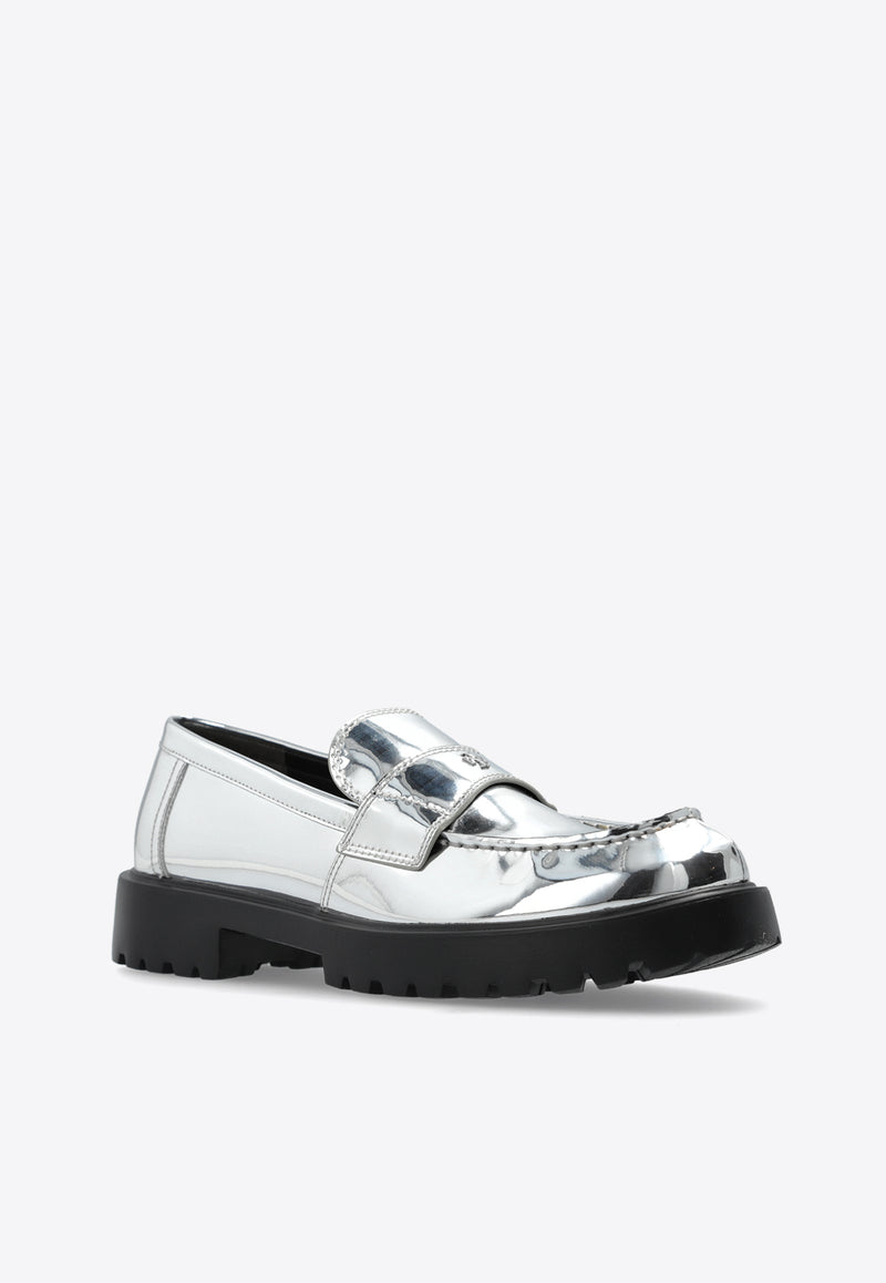 Tory Burch Logo Plaque Metallic Classic Lug Loafers Silver 159319 0-020