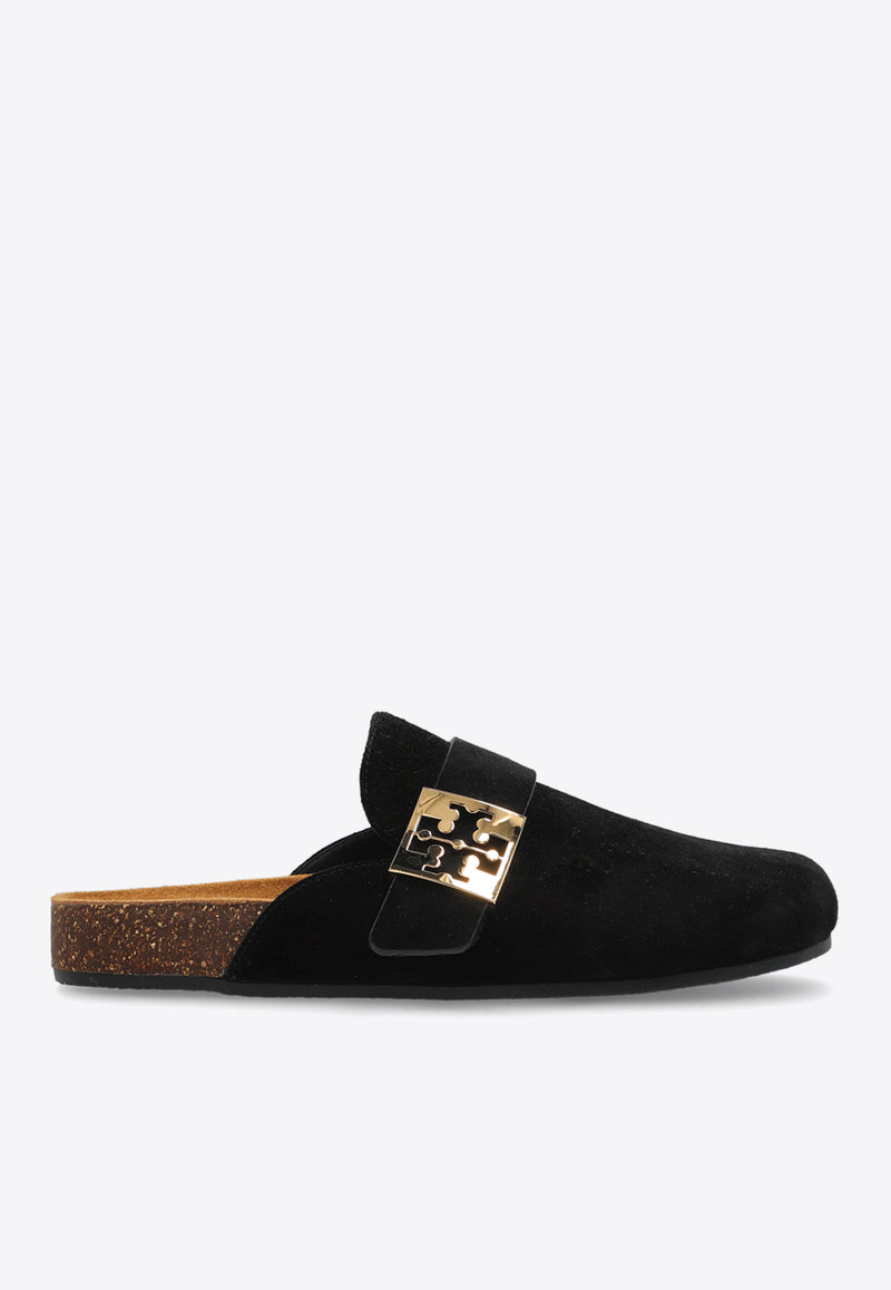 Tory Burch Mellow Logo Plaque Suede Flat Mules Black 154446 0-006