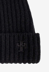 Tory Burch Logo Embroidered Ribbed Cashmere Beanie Black 164572 0-002