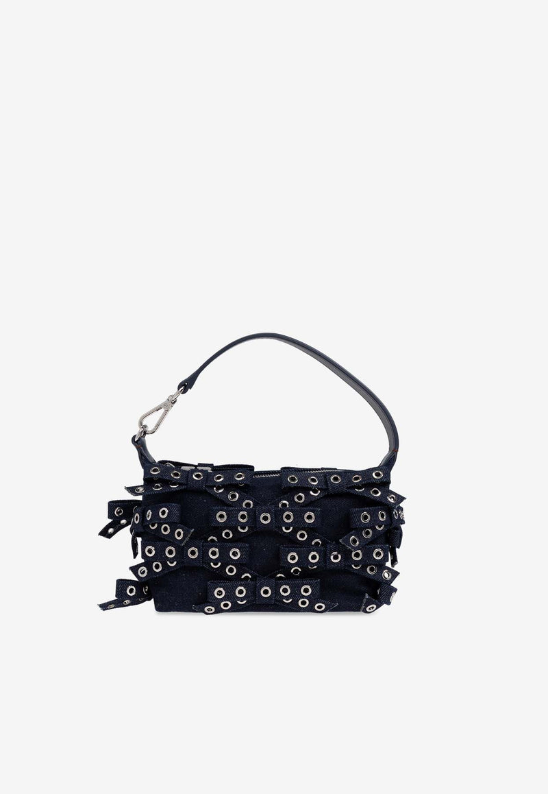 GANNI Small Bow Eyelet Denim Handbag Navy A6378 5893-642