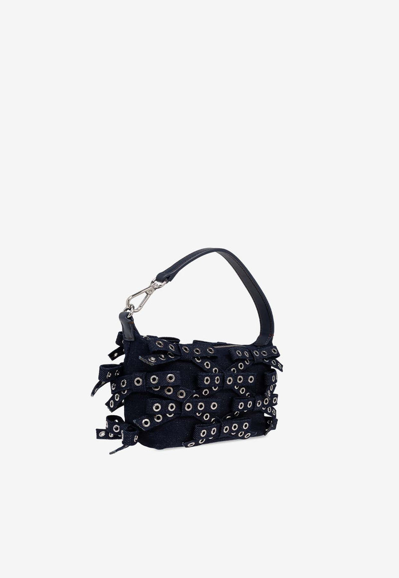 GANNI Small Bow Eyelet Denim Handbag Navy A6378 5893-642