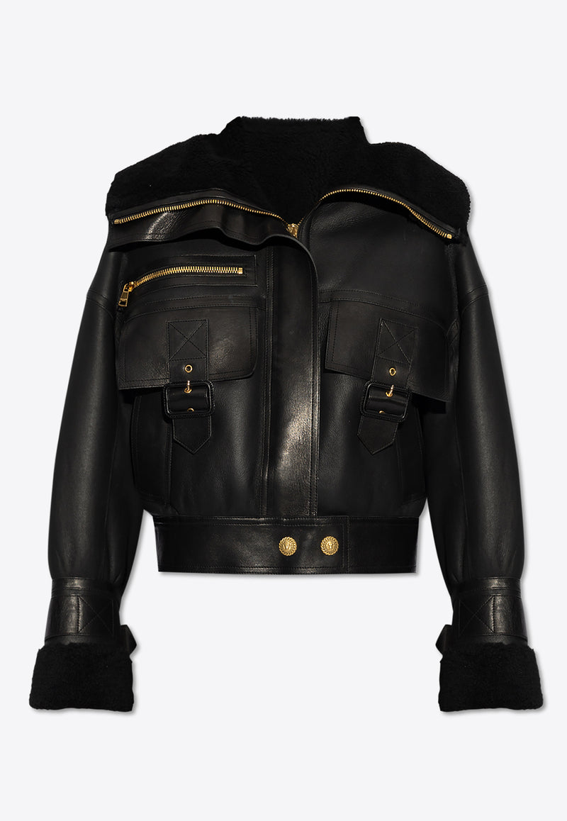 Balmain Shearling and Leather Jacket Black DF2TH280 LB92-EAP