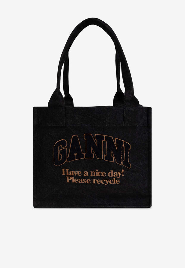 GANNI Large Logo Embroidered Denim Tote Bag Black A6583 5903-099