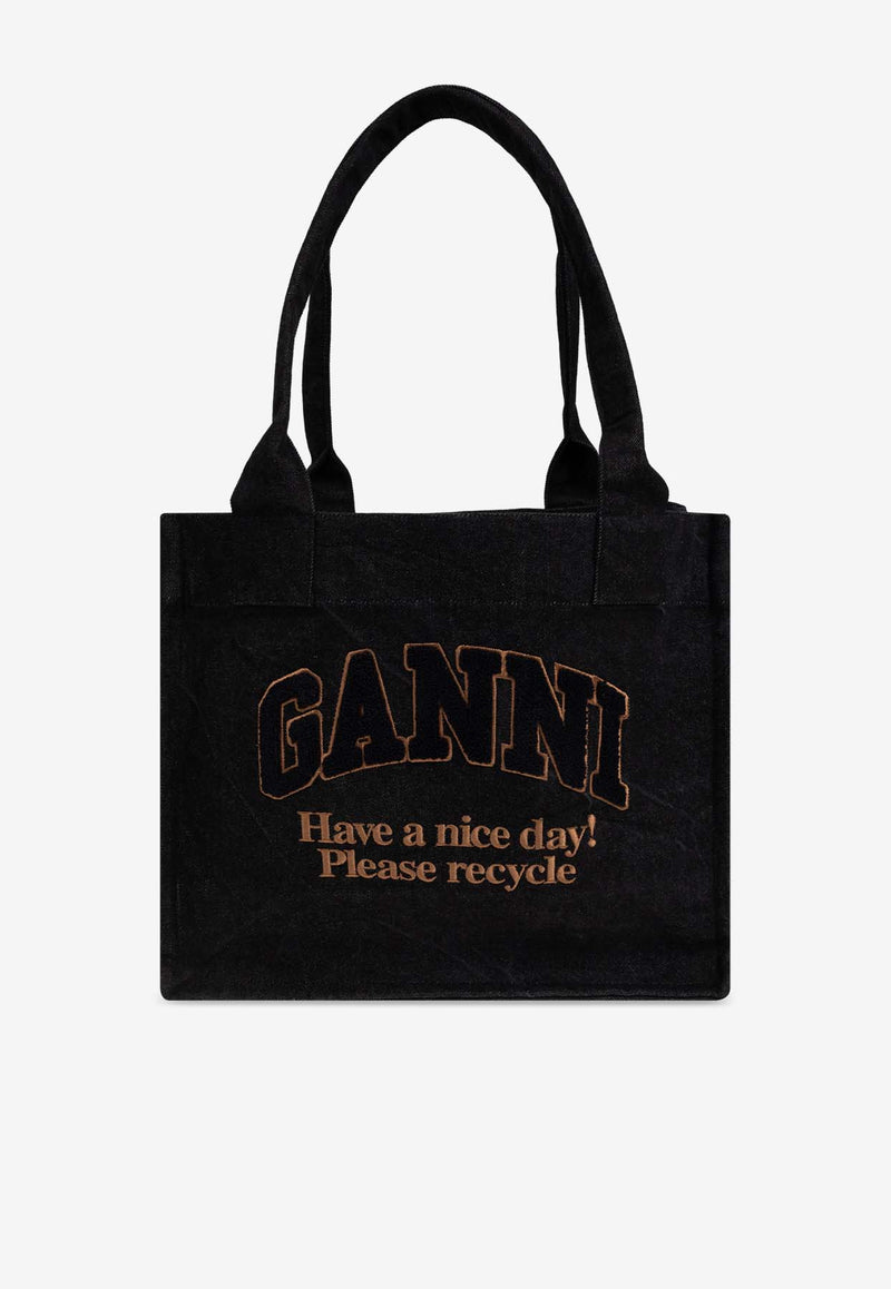 GANNI Large Logo Embroidered Denim Tote Bag Black A6583 5903-099