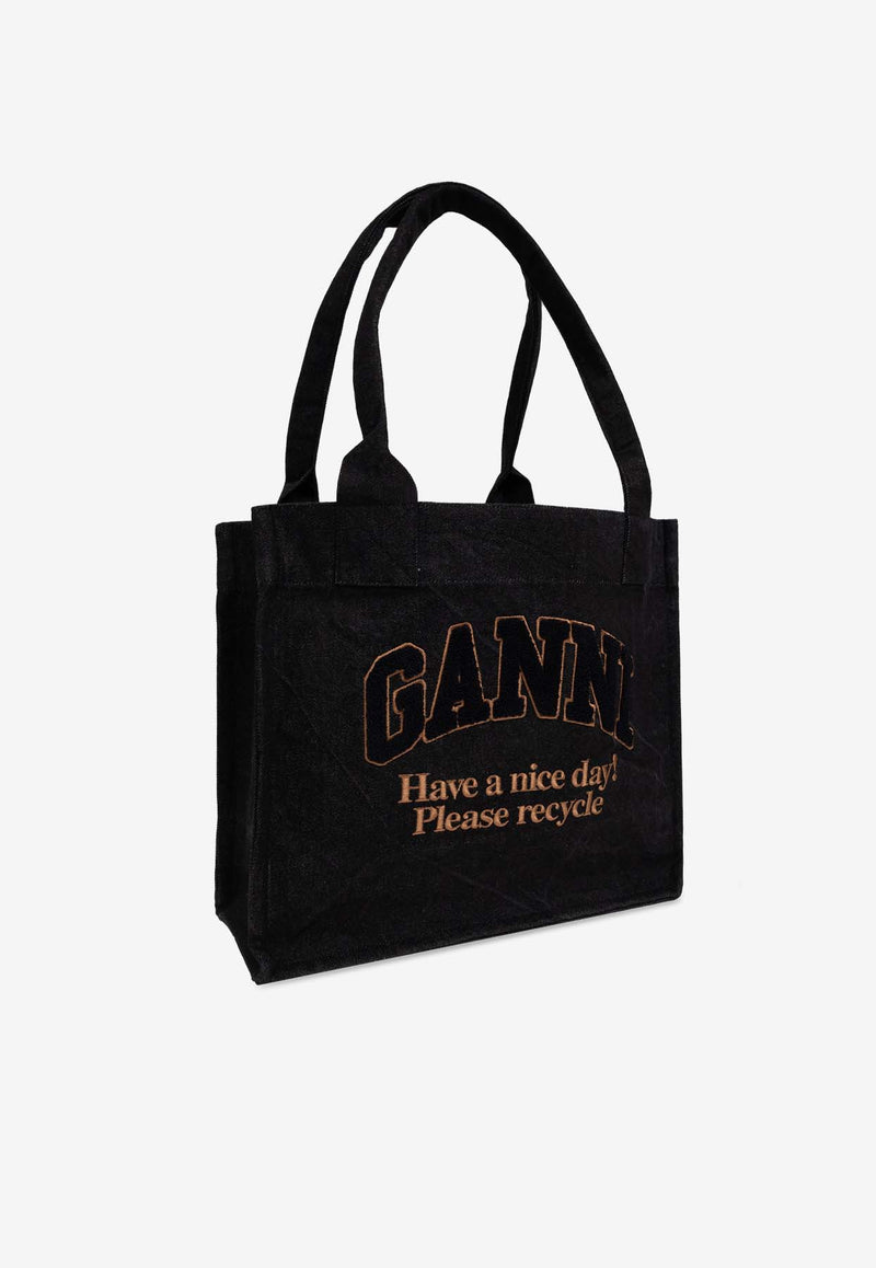 GANNI Large Logo Embroidered Denim Tote Bag Black A6583 5903-099