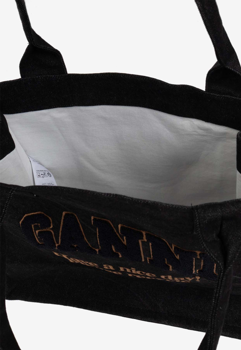 GANNI Large Logo Embroidered Denim Tote Bag Black A6583 5903-099