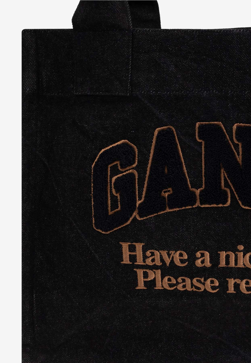 GANNI Large Logo Embroidered Denim Tote Bag Black A6583 5903-099