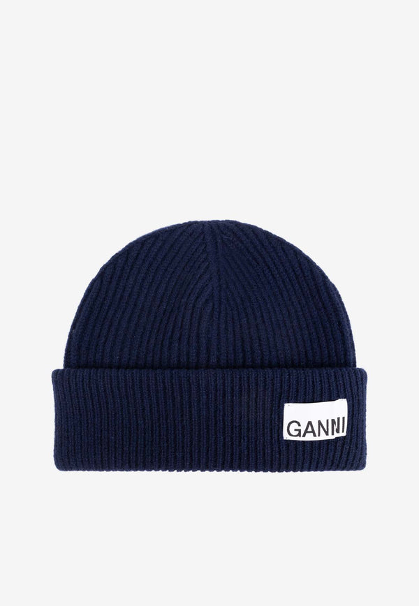 GANNI Logo Patch Rib-Knit Beanie Blue A6305 5880-268