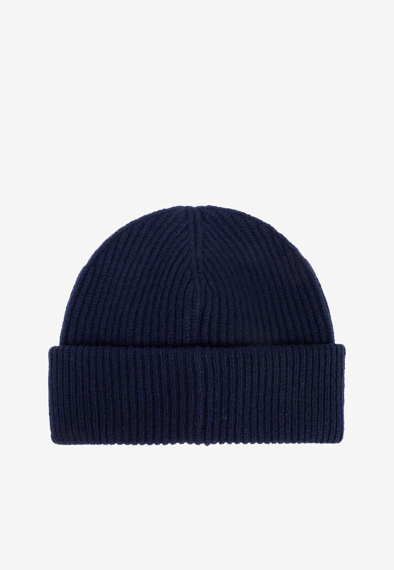 GANNI Logo Patch Rib-Knit Beanie Blue A6305 5880-268