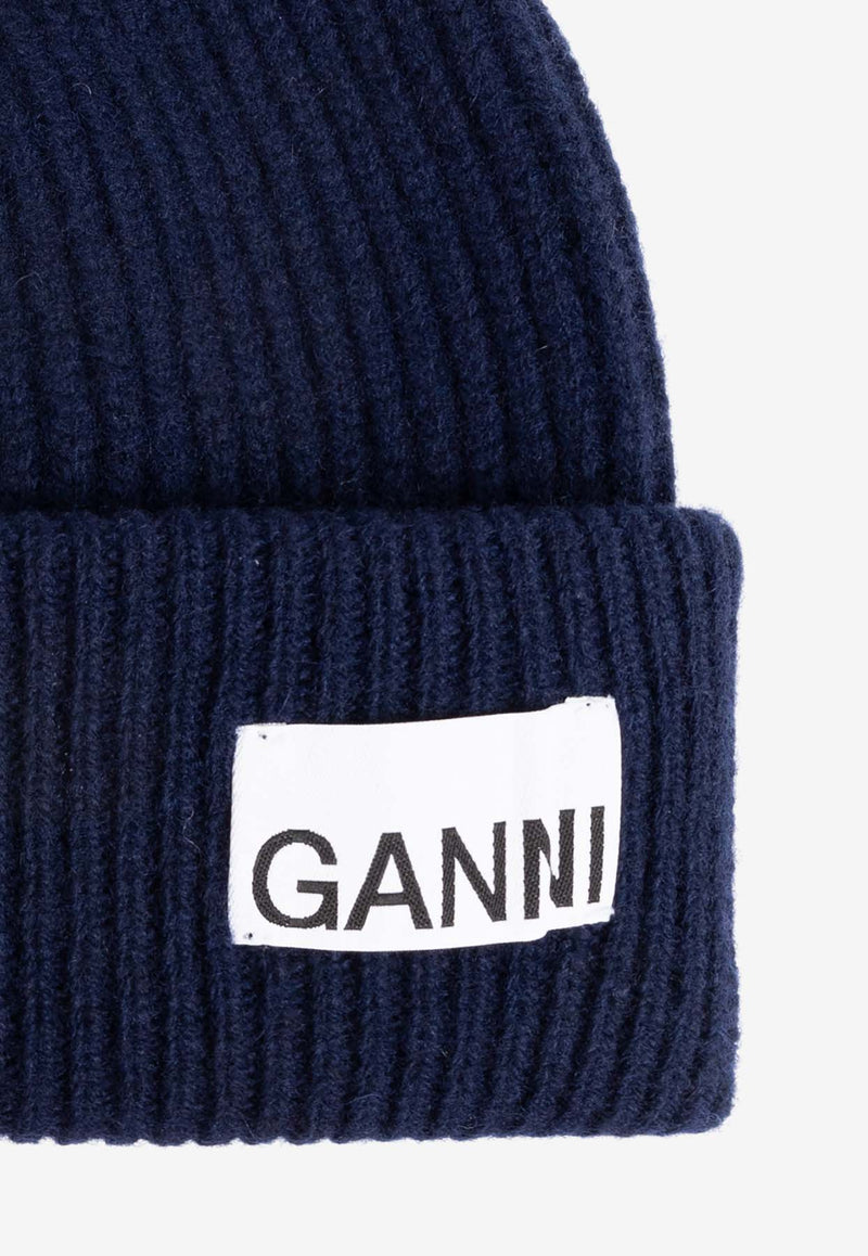 GANNI Logo Patch Rib-Knit Beanie Blue A6305 5880-268