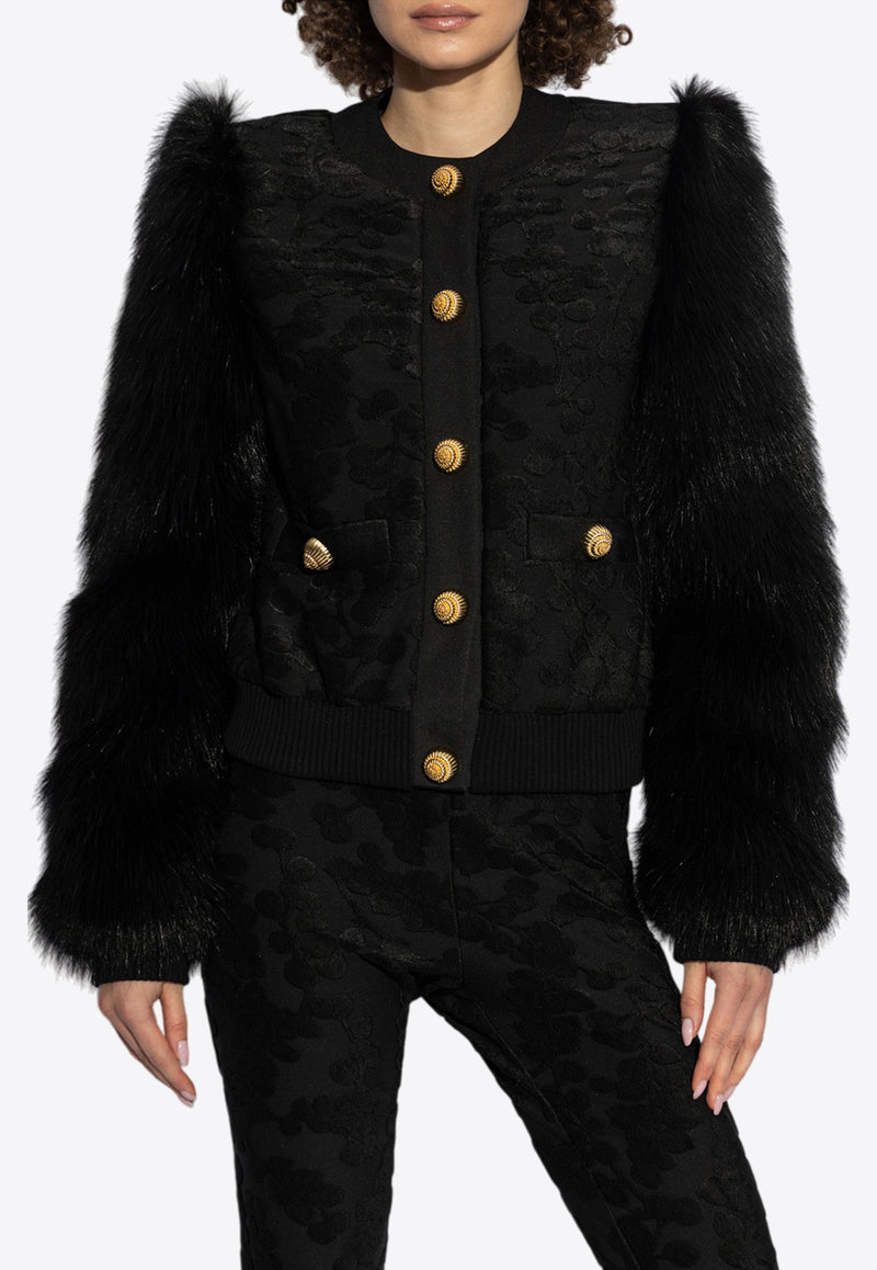 Balmain Floral Faux Fur Jacket Black DF0KL200 MF81-EAP