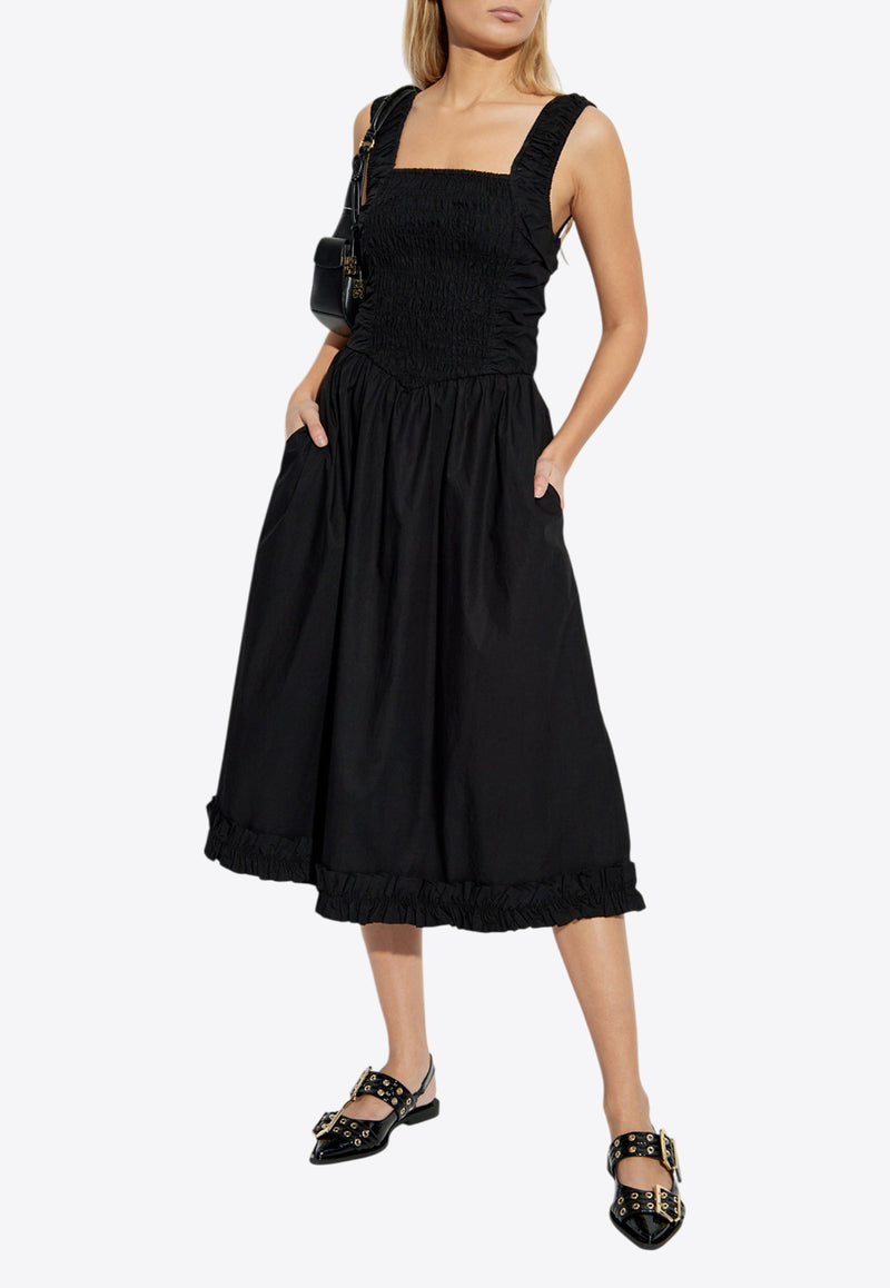 GANNI Smocked Midi Dress Black F9344 6479-099