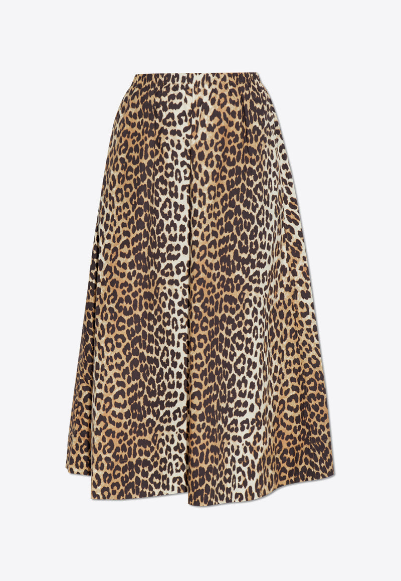 GANNI Leopard Print Midi A-line Skirt Brown F9365 6488-943