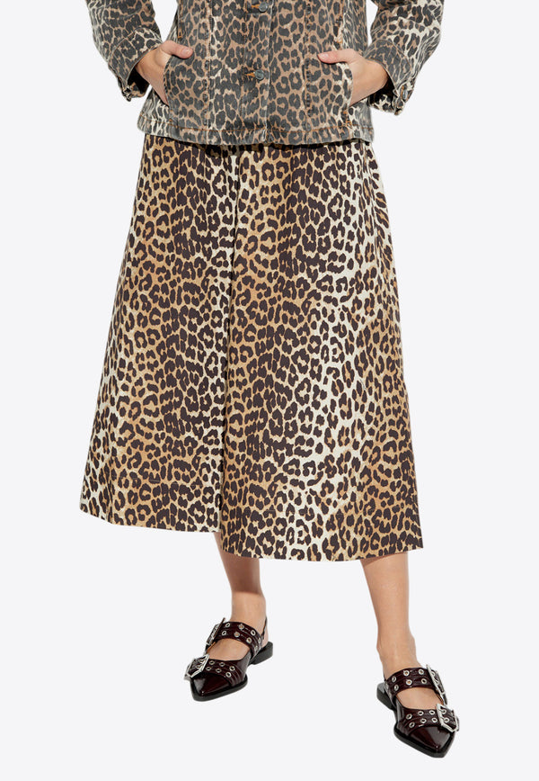 GANNI Leopard Print Midi A-line Skirt Brown F9365 6488-943