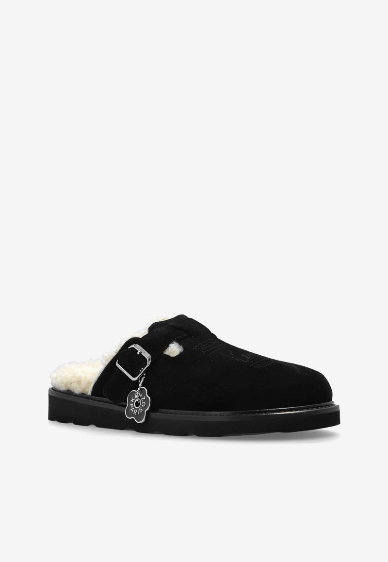 Kenzo Matto Suede and Shearling Flat Mules Black FE62MU051 L58-99