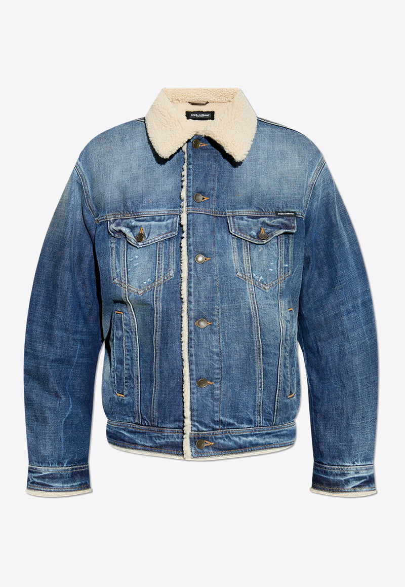 Dolce 
Gabbana Logo-Label Denim and Shearling Jacket Blue G9BEJD G8LM8-S9001