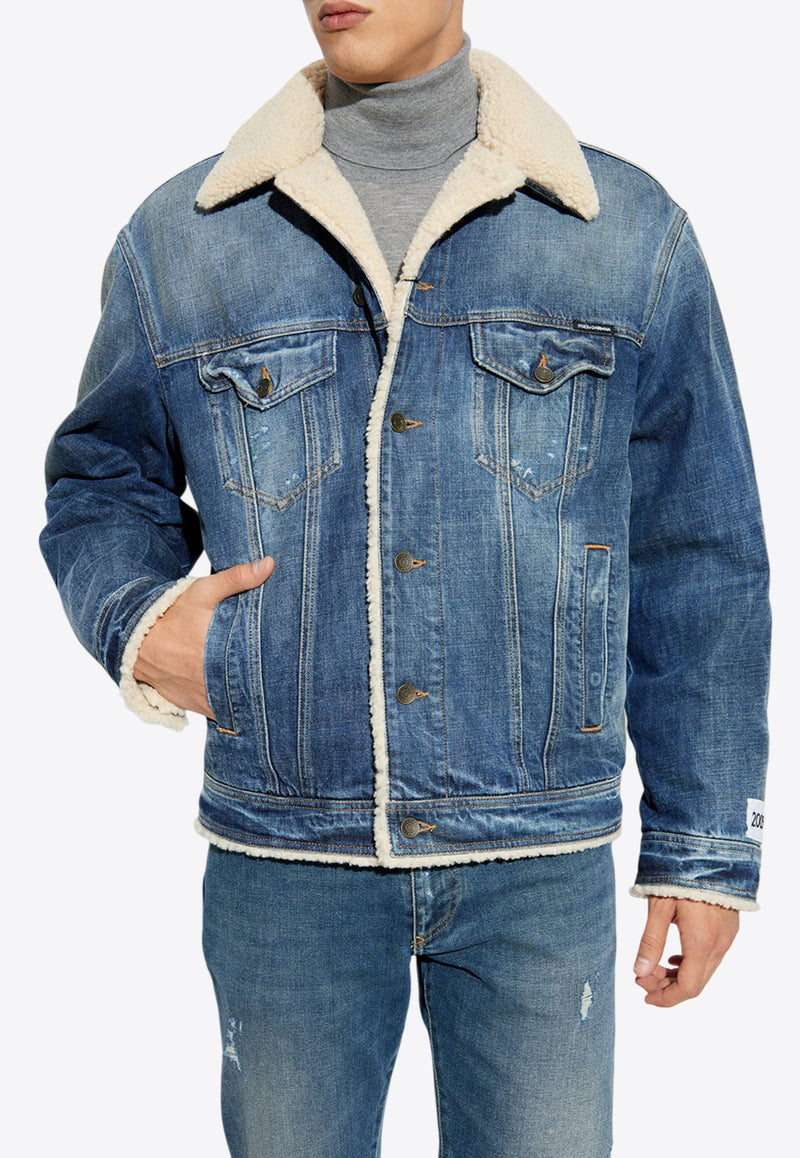 Dolce 
Gabbana Logo-Label Denim and Shearling Jacket Blue G9BEJD G8LM8-S9001