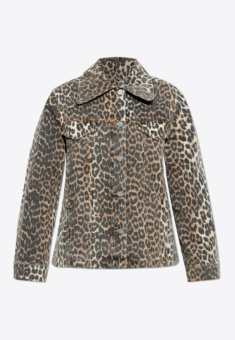 Leopard Print Button-Up Denim Jacket J1581 6508-943 Beige