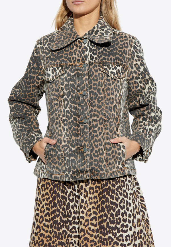 Leopard Print Button-Up Denim Jacket J1581 6508-943 Beige