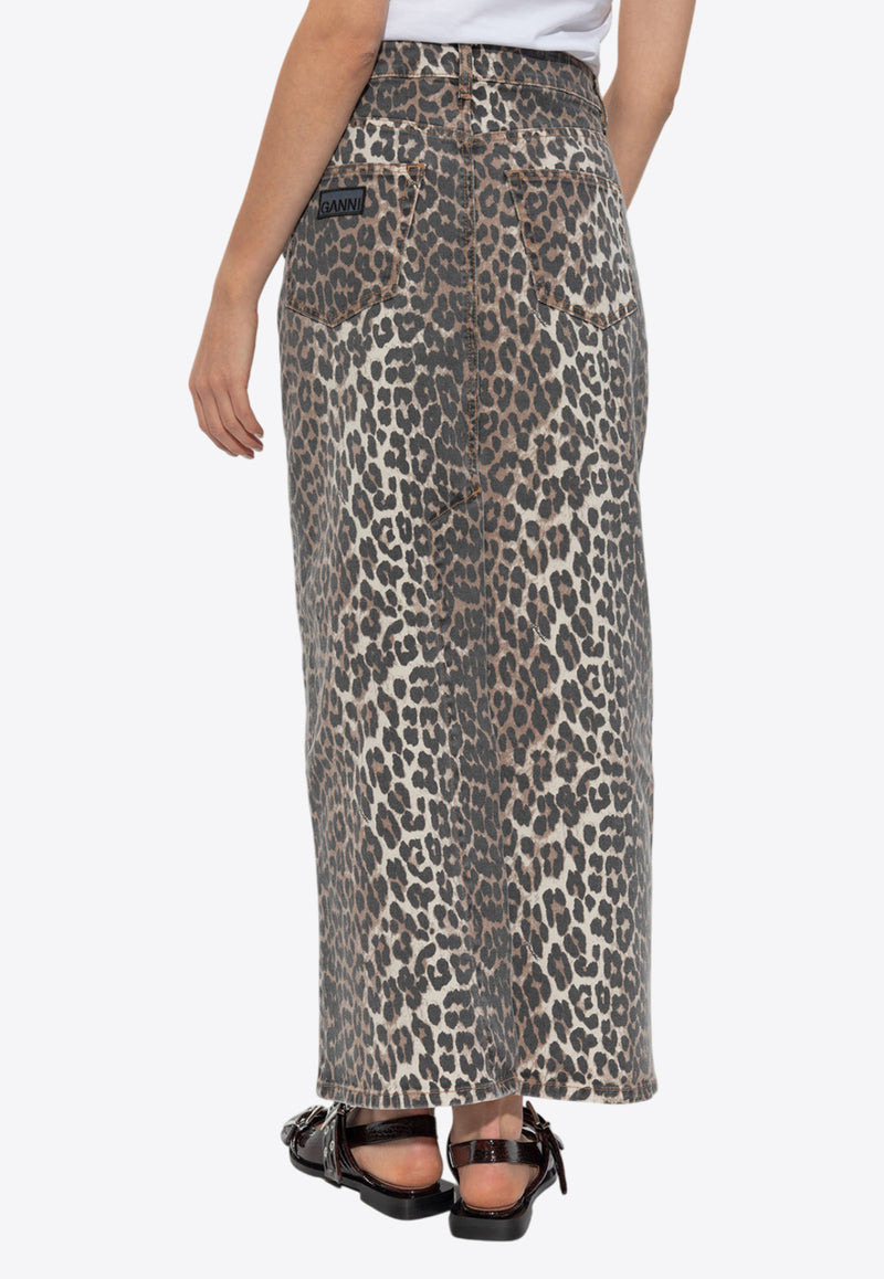 Leopard Print Maxi Denim Skirt J1445 6508-943 Beige