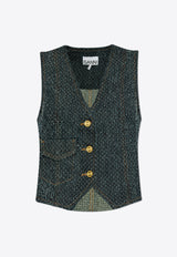 V-neck Button-Up Fluffy Denim Vest J1544 6804-077 Blue