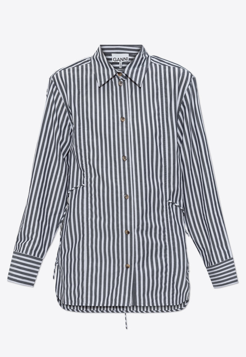 Tie String Button-Up Striped Shirt W0096 6475-099 Black