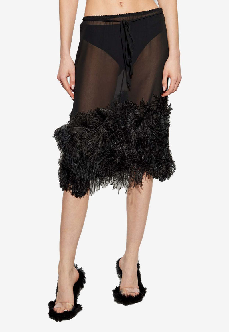 The Attico Ostrich Feather-Trim Sheer Midi Skirt Black 250WCS00264_100