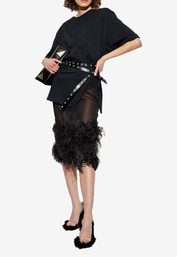 The Attico Ostrich Feather-Trim Sheer Midi Skirt Black 250WCS00264_100